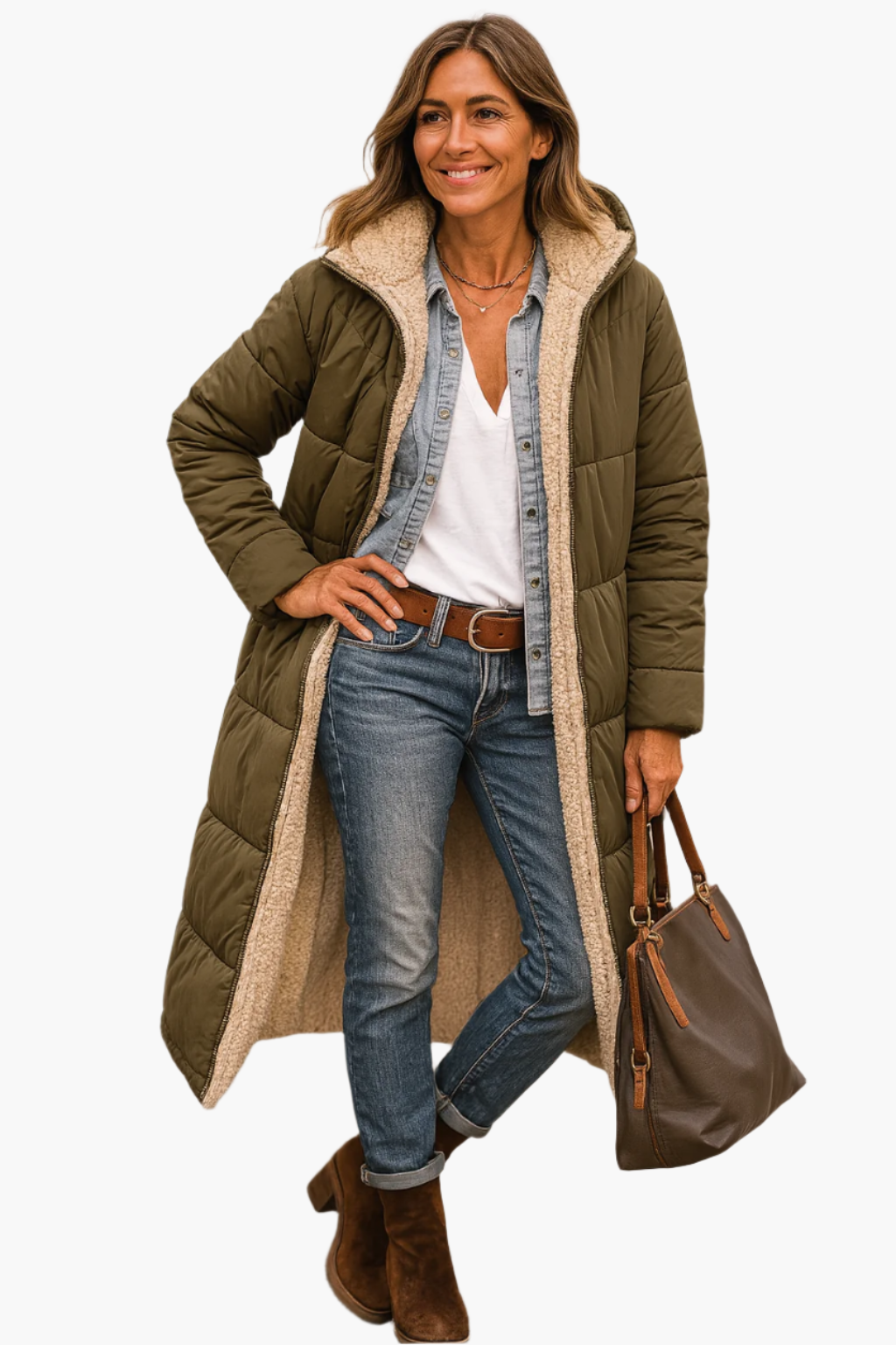 Damen Winter Steppmantel Lang mit Kapuze und Teddyfutter – Modischer Alltagsmantel für kalte Tage