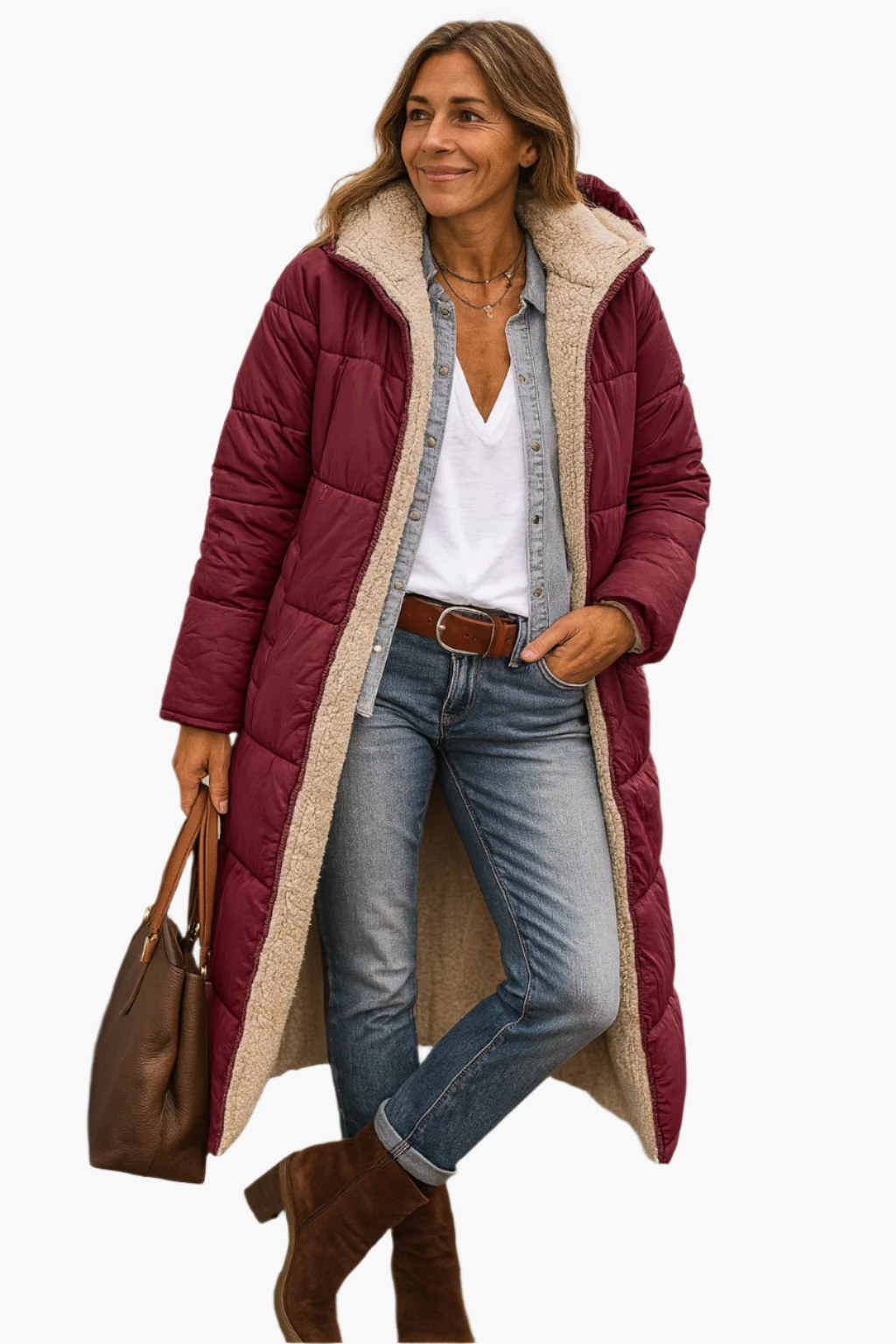 Damen Winter Steppmantel Lang mit Kapuze und Teddyfutter – Modischer Alltagsmantel für kalte Tage
