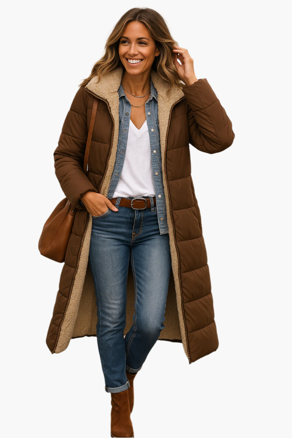 Damen Winter Steppmantel Lang mit Kapuze und Teddyfutter – Modischer Alltagsmantel für kalte Tage