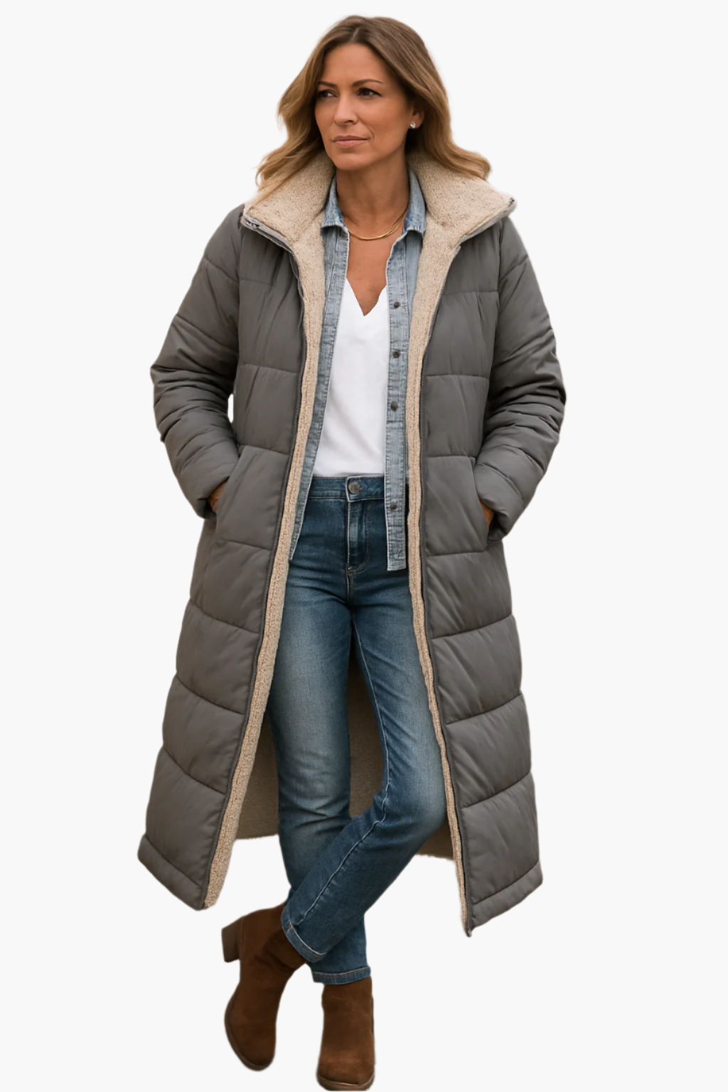 Damen Winter Steppmantel Lang mit Kapuze und Teddyfutter – Modischer Alltagsmantel für kalte Tage