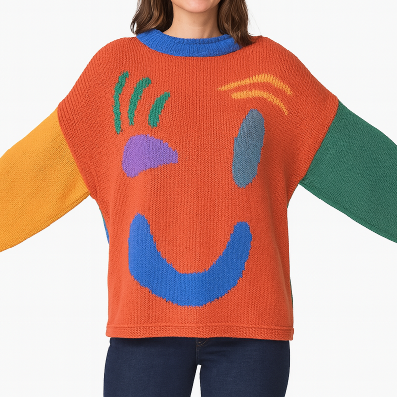 Damen Strickpullover mit abstraktem Gesichtsmotiv – Gemütlicher Wochenend- und Freizeit-Look