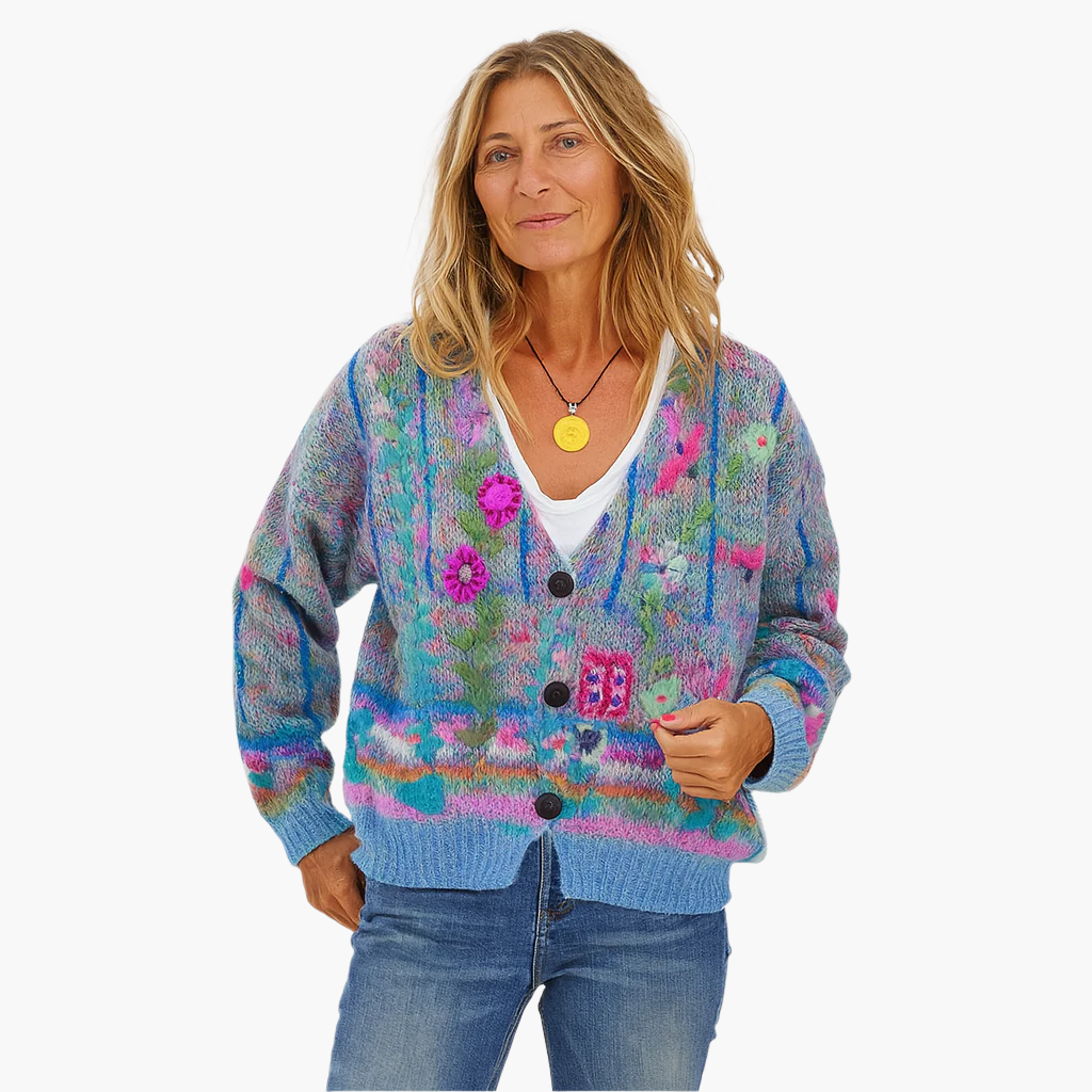 Damen Strickjacke im Boho-Stil mit floralen Akzenten – Modischer Cardigan für Freizeit und Alltag