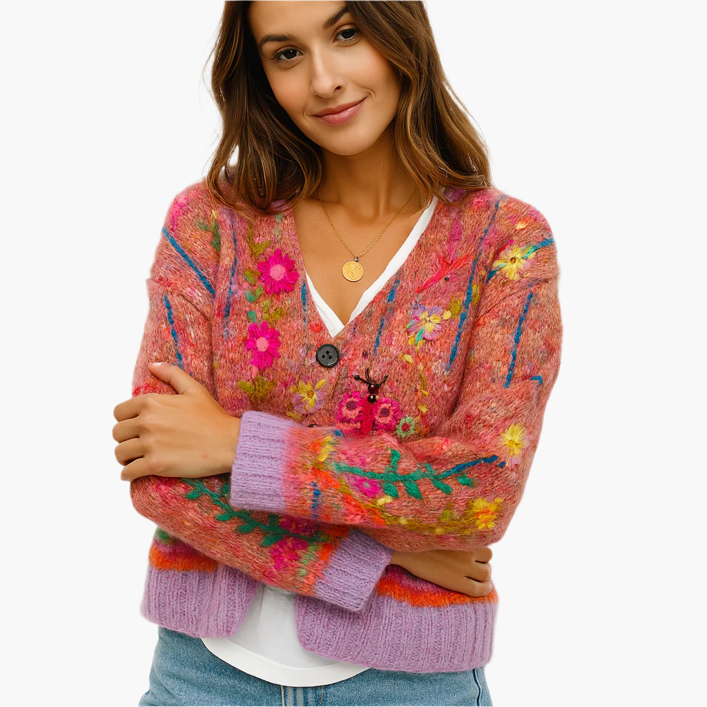 Damen Strickjacke im Boho-Stil mit floralen Akzenten – Modischer Cardigan für Freizeit und Alltag