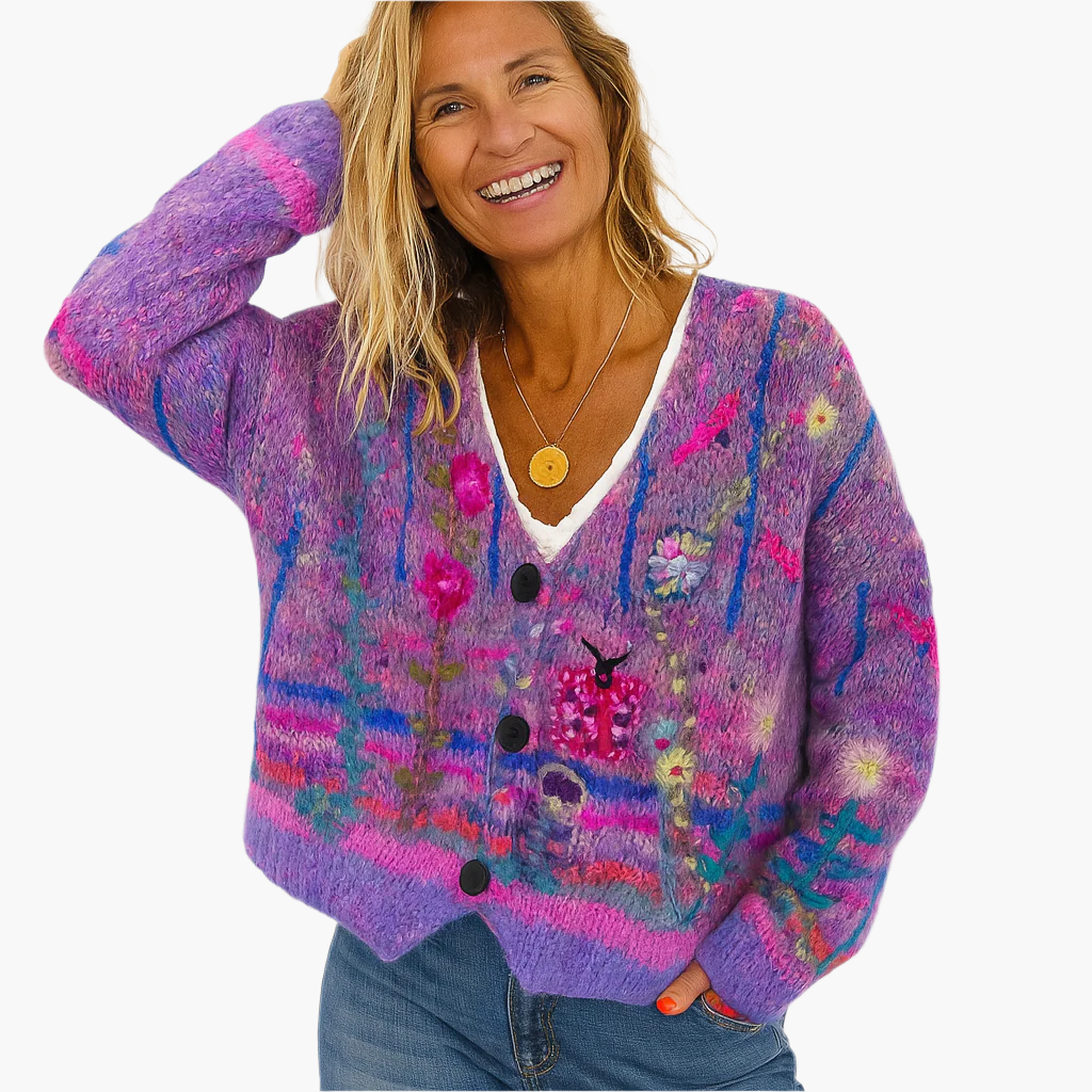 Damen Strickjacke im Boho-Stil mit floralen Akzenten – Modischer Cardigan für Freizeit und Alltag