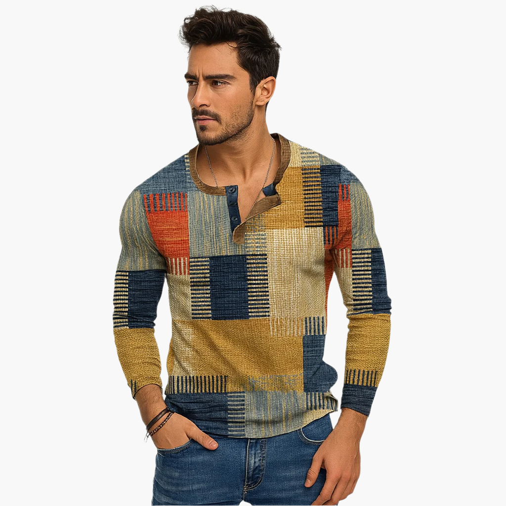 Herren Patchwork Henley Langarmshirt – Modischer Freizeitpullover für Herbst und Winter