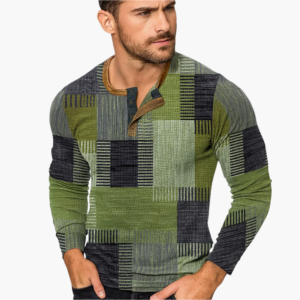 Herren Patchwork Henley Langarmshirt – Modischer Freizeitpullover für Herbst und Winter