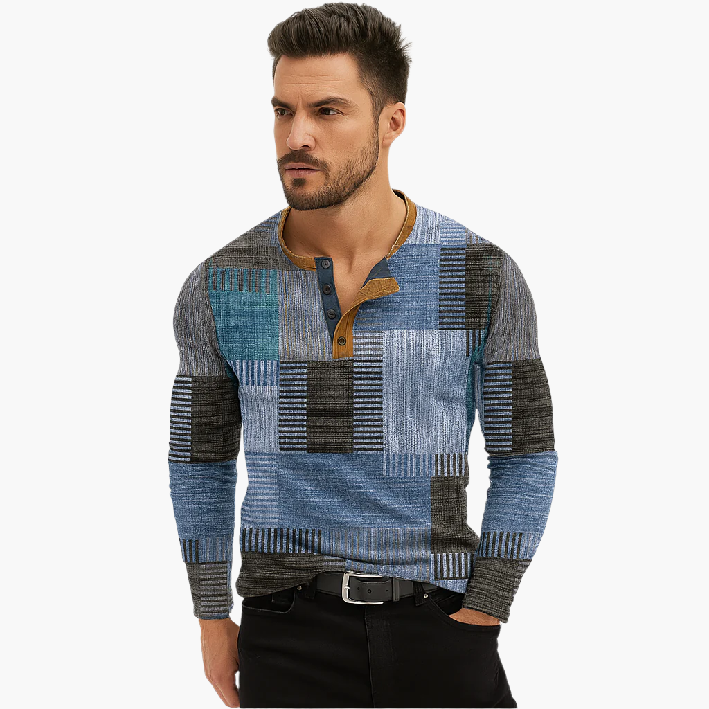 Herren Patchwork Henley Langarmshirt – Modischer Freizeitpullover für Herbst und Winter