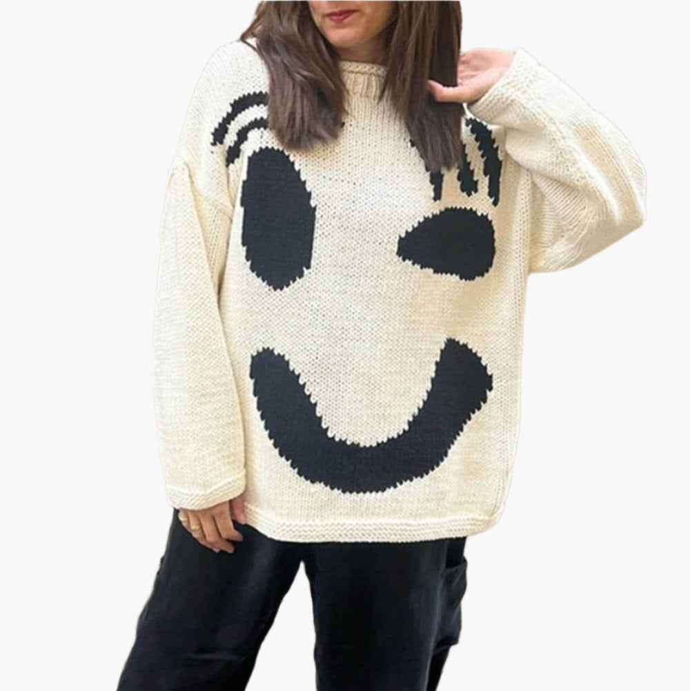 Damen Strickpullover mit abstraktem Gesichtsmotiv – Gemütlicher Wochenend- und Freizeit-Look