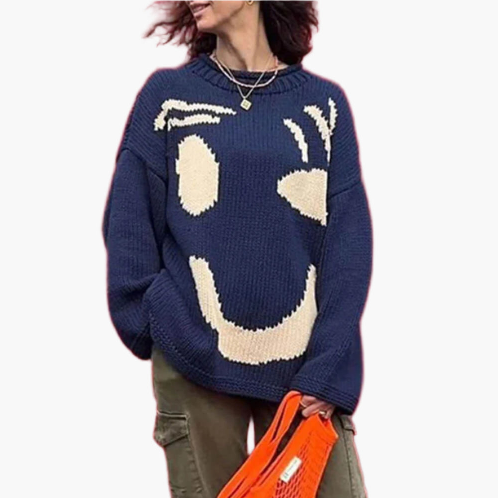 Damen Strickpullover mit abstraktem Gesichtsmotiv – Gemütlicher Wochenend- und Freizeit-Look