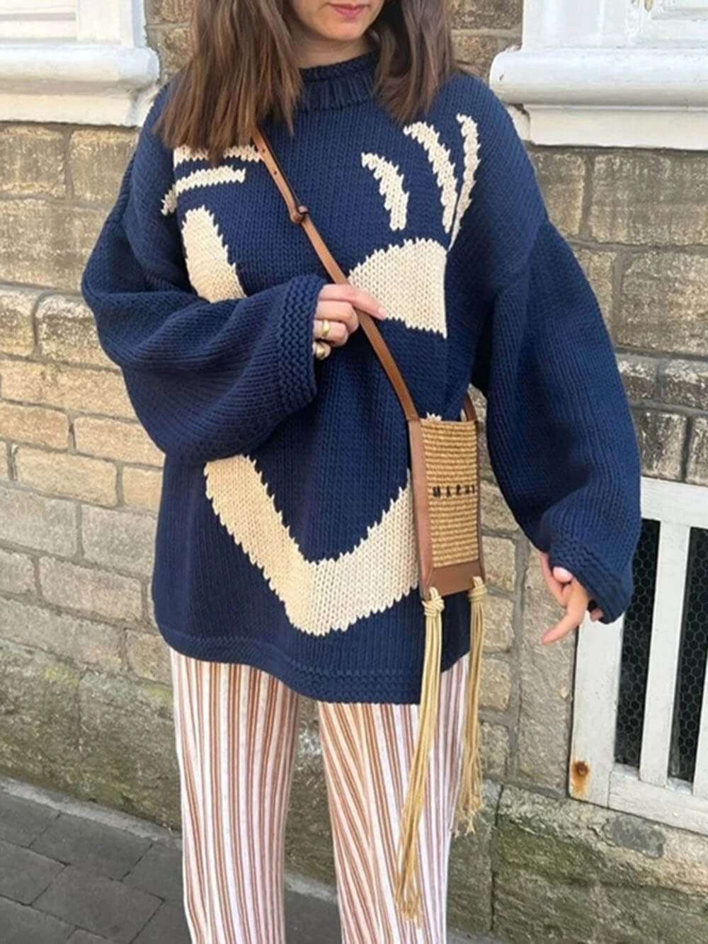 Damen Strickpullover mit abstraktem Gesichtsmotiv – Gemütlicher Wochenend- und Freizeit-Look
