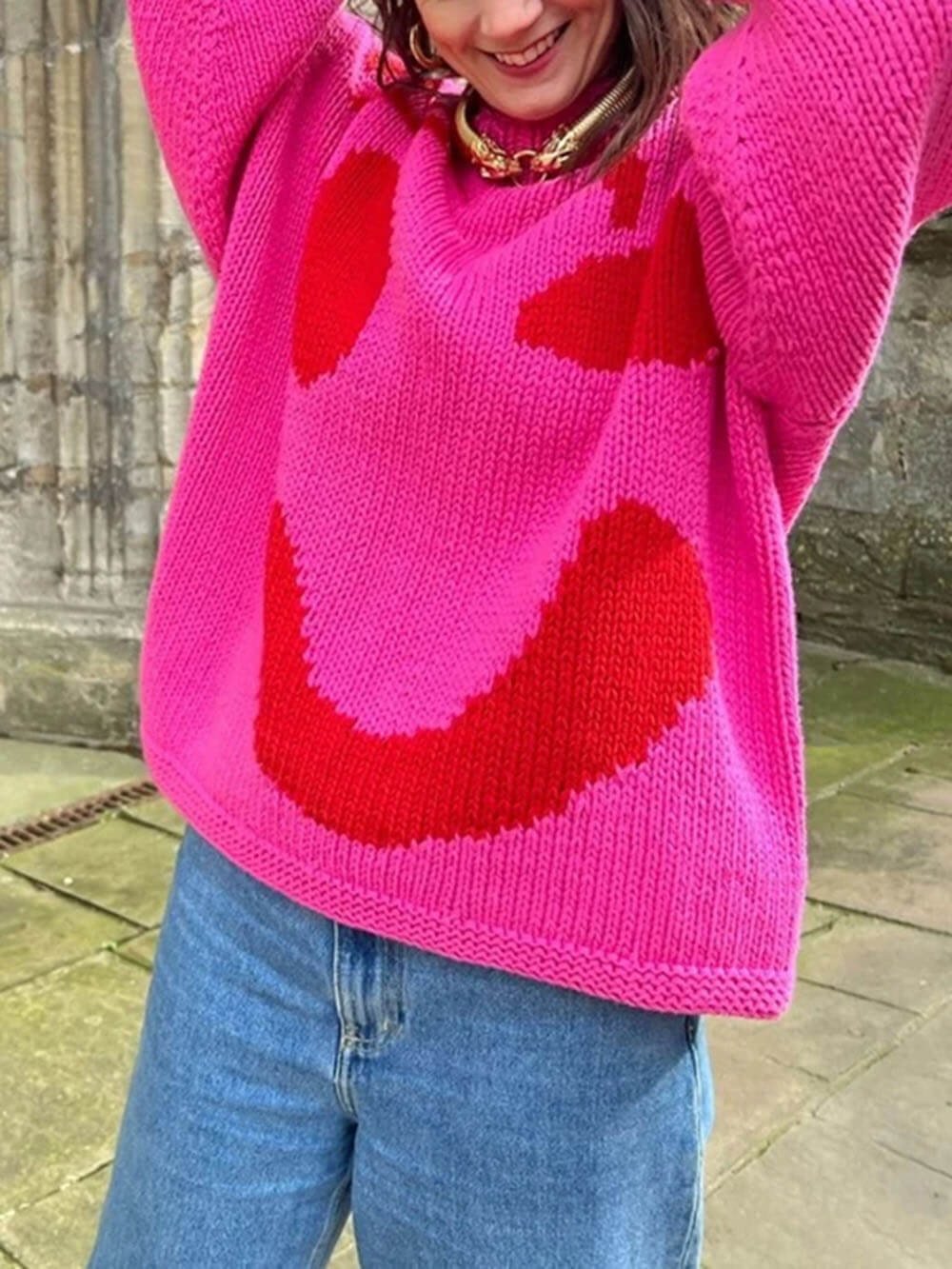 Damen Strickpullover mit abstraktem Gesichtsmotiv – Gemütlicher Wochenend- und Freizeit-Look
