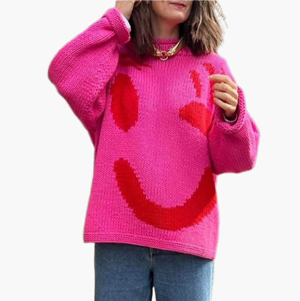 Damen Strickpullover mit abstraktem Gesichtsmotiv – Gemütlicher Wochenend- und Freizeit-Look