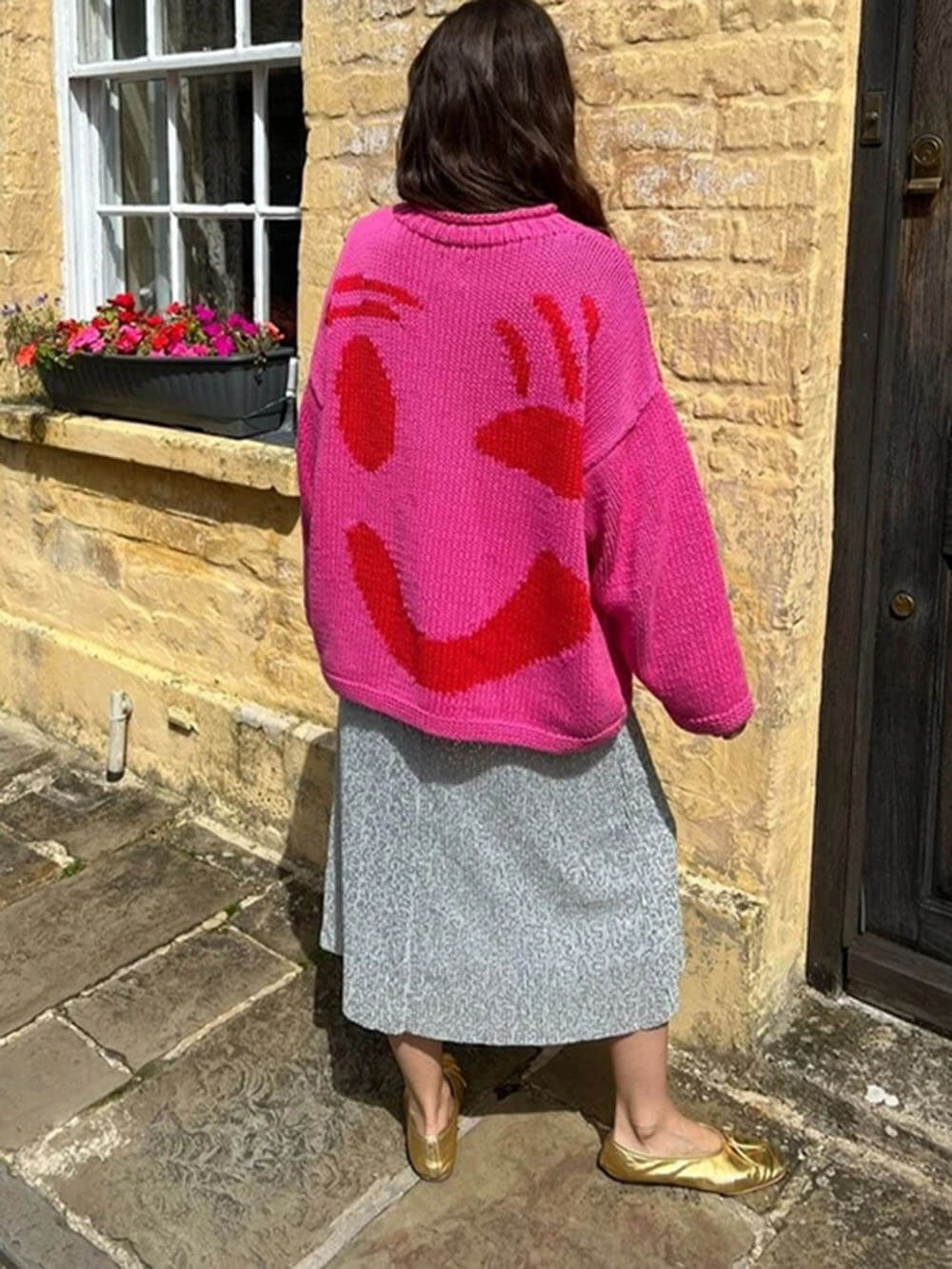 Damen Strickpullover mit abstraktem Gesichtsmotiv – Gemütlicher Wochenend- und Freizeit-Look