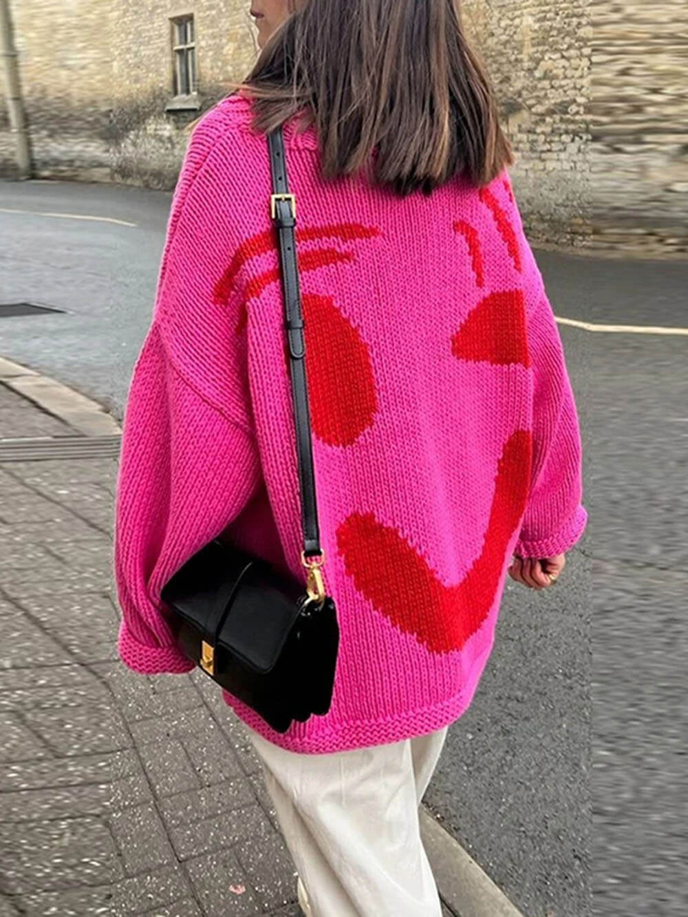 Damen Strickpullover mit abstraktem Gesichtsmotiv – Gemütlicher Wochenend- und Freizeit-Look