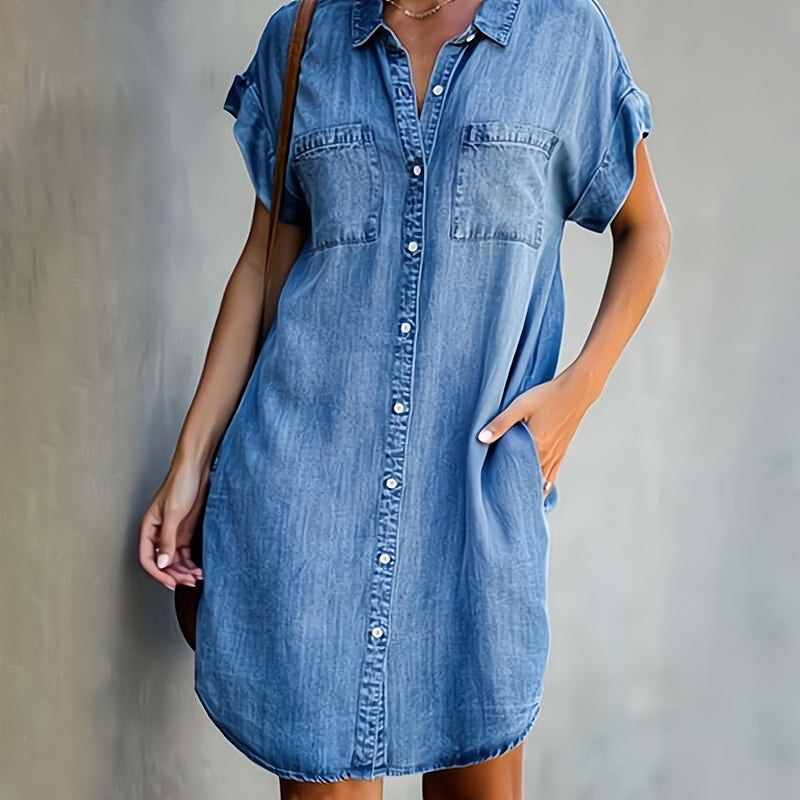 Damen Freizeit Jeanskleid Hemdblusenkleid Lockerer Schnitt – Perfekt für Alltag und Sommer
