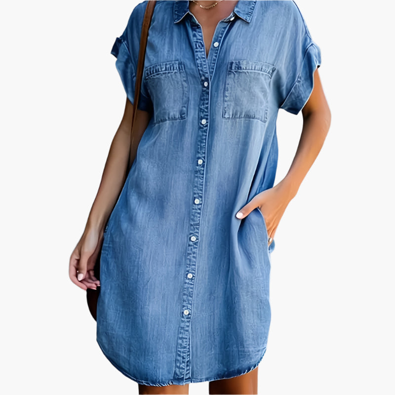 Damen Freizeit Jeanskleid Hemdblusenkleid Lockerer Schnitt – Perfekt für Alltag und Sommer