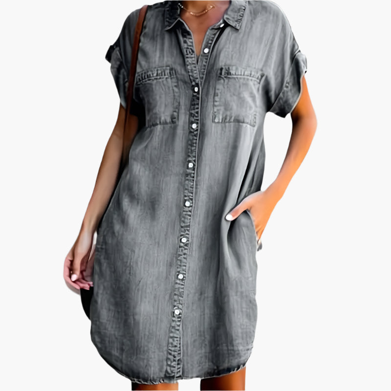 Damen Freizeit Jeanskleid Hemdblusenkleid Lockerer Schnitt – Perfekt für Alltag und Sommer
