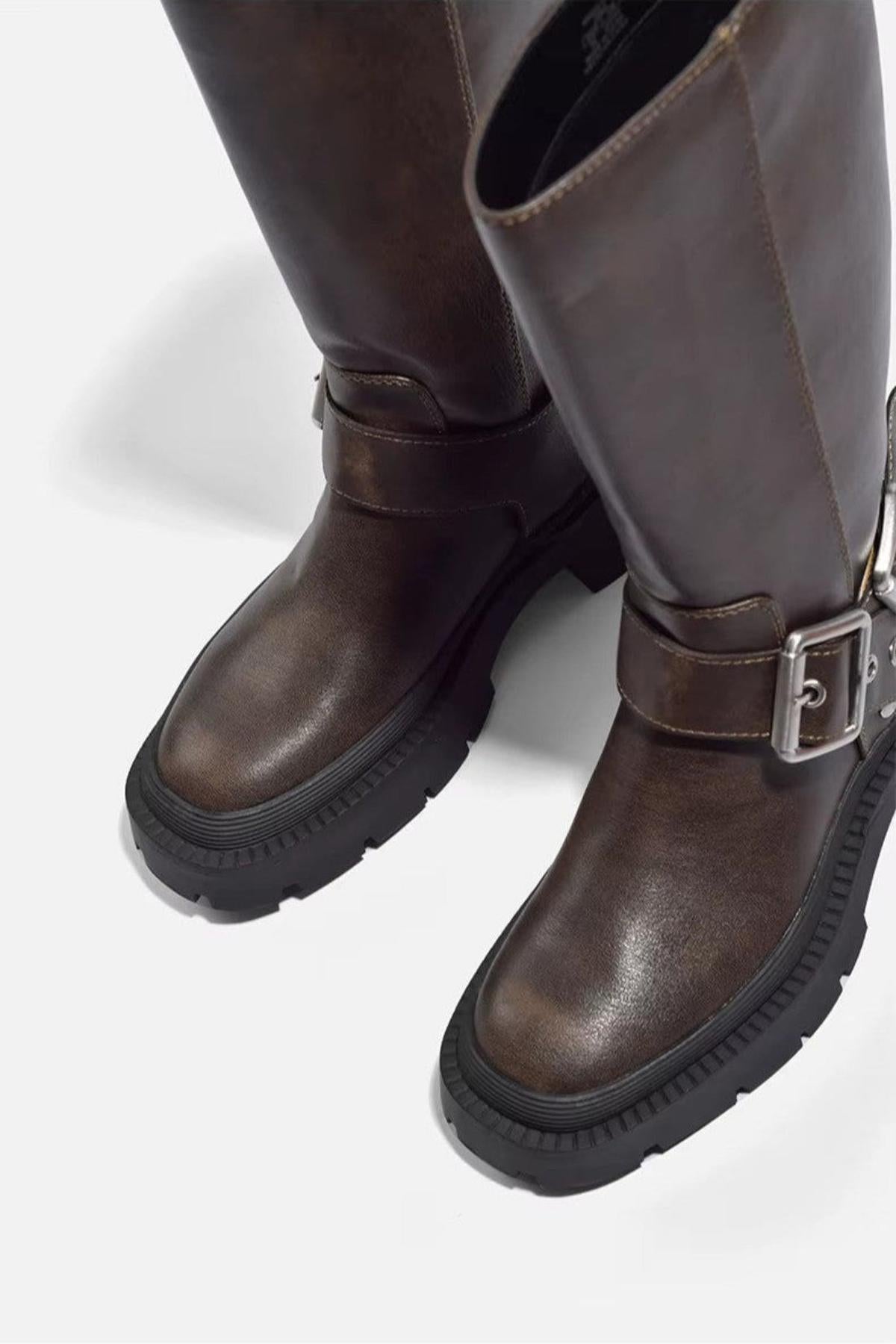 Damen Stiefel mit Schnallen und hohem Schaft – Retro-inspirierte Alltagsboots