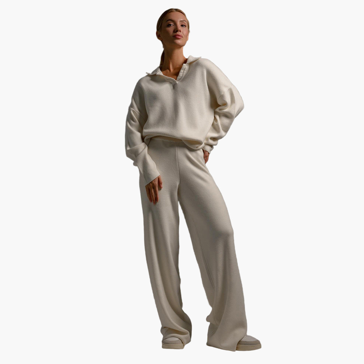 Damen Loungewear Set – Oversized Strickpullover mit Kragen und Weite Hose – Komfortabel & Modern für Zuhause und Freizeit