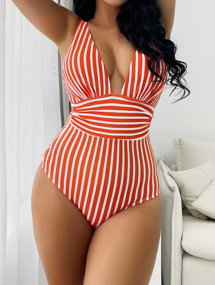 Damen Einteiler Badeanzug mit Streifenmuster und tiefem V-Ausschnitt – Stilvoller Sommer Look für Strand & Pool
