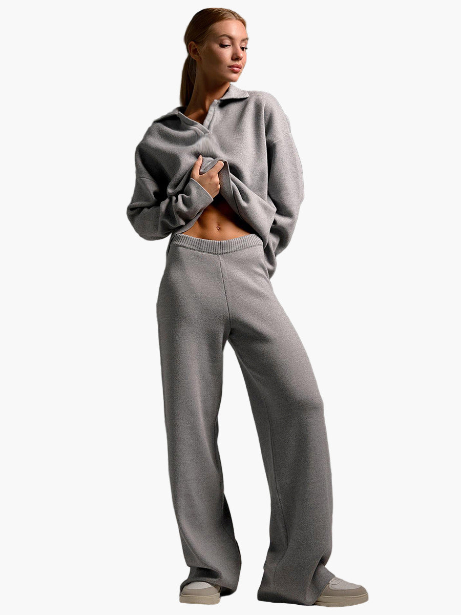 Damen Loungewear Set – Oversized Strickpullover mit Kragen und Weite Hose – Komfortabel & Modern für Zuhause und Freizeit