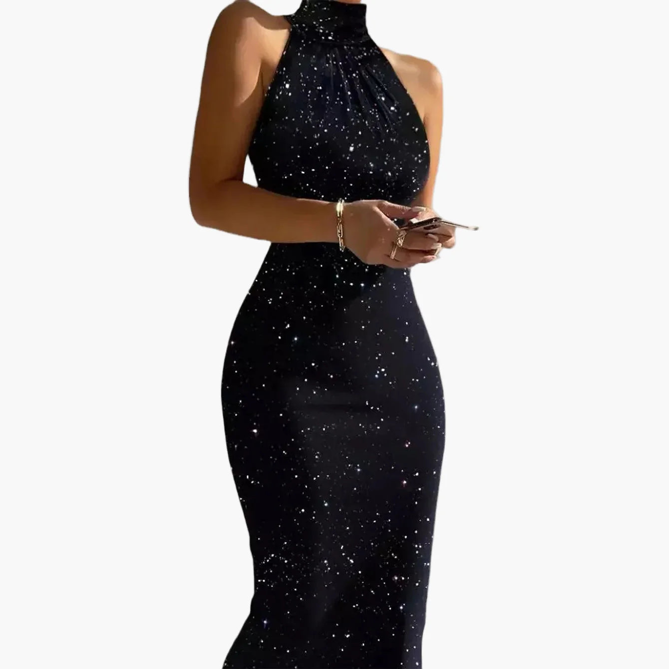 Damen Bodycon Abendkleid mit Sternenmuster und Stehkragen – Elegantes Partykleid für besondere Anlässe
