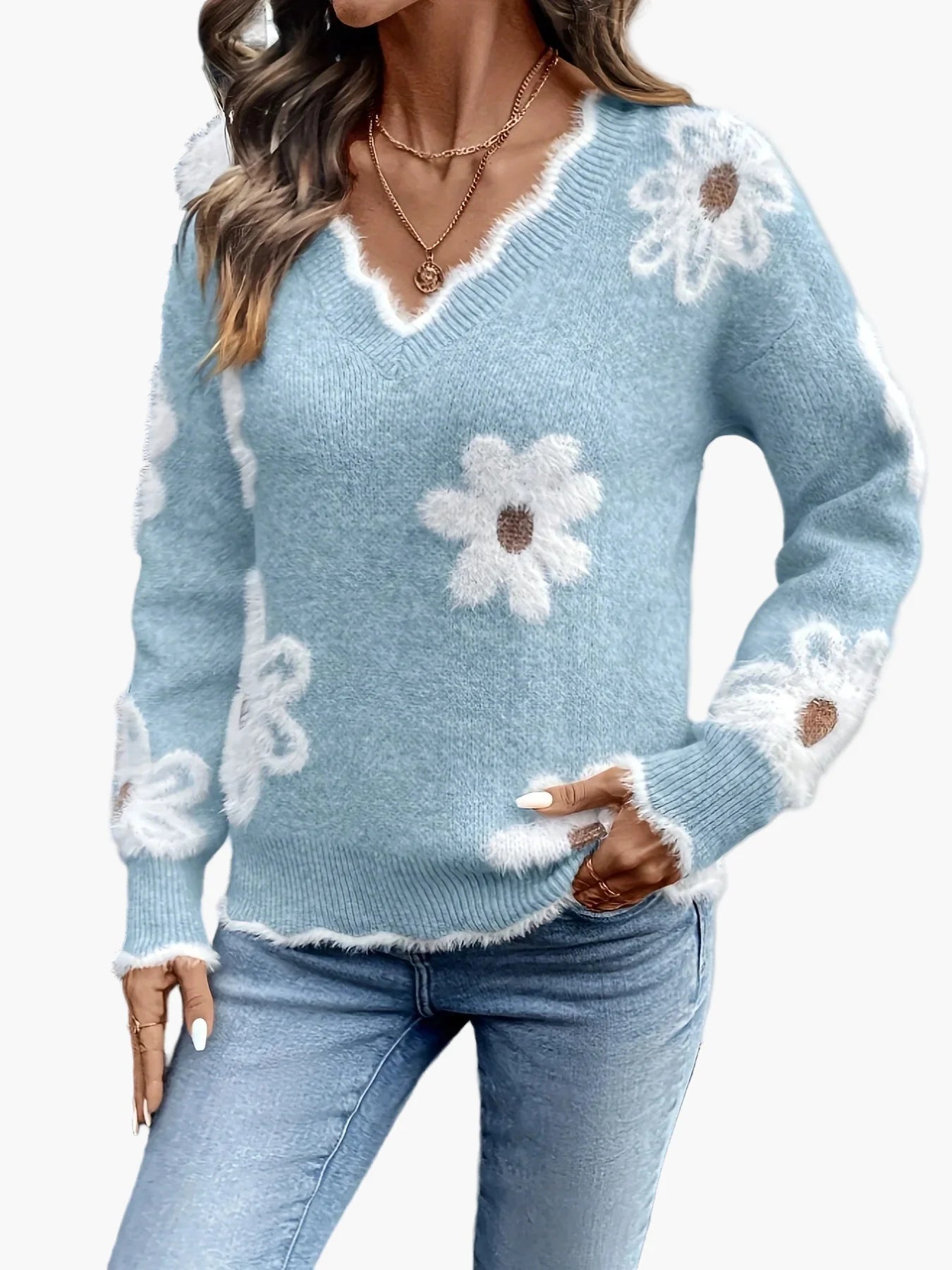 Damen Pullover mit Blumenmuster, modischer Strickpullover im lässigen Stil – ideal für Alltag und Freizeit