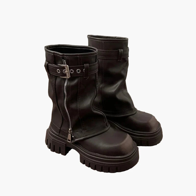 Damen Plateau Stiefel mit Reißverschluss und Schnalle – Trendige Mid-Calf Boots für Herbst & Winter