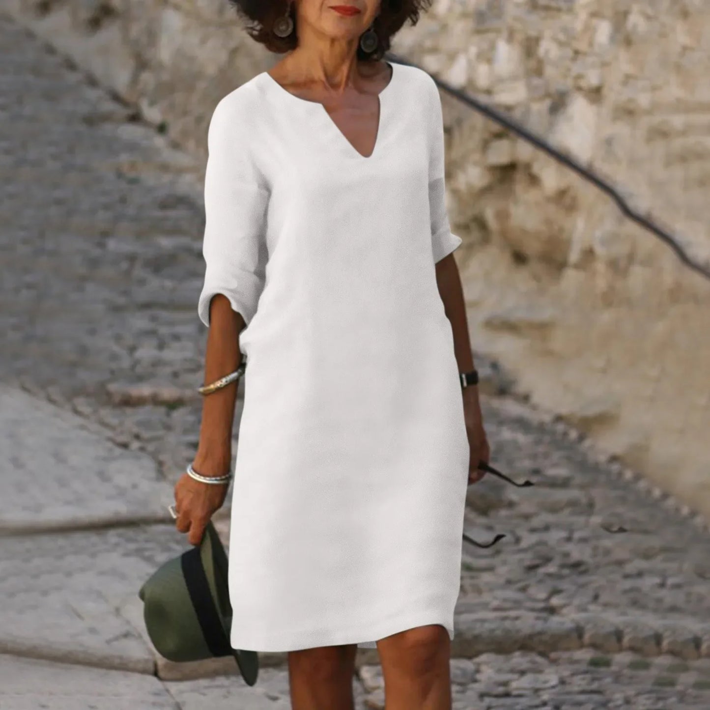 Hannah – Damen Baumwoll-Leinen V-Ausschnitt Kleid mit Halben Ärmeln