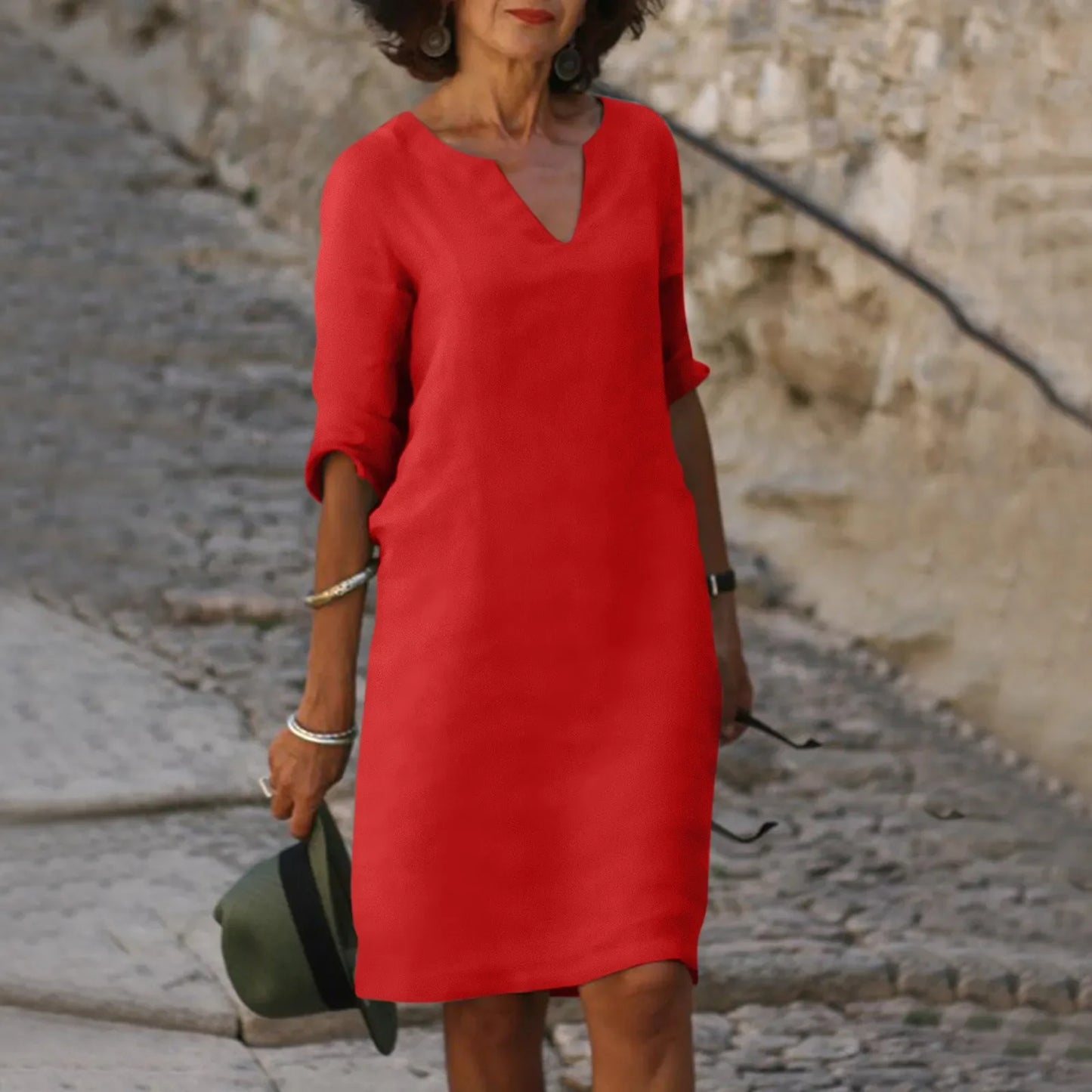 Hannah – Damen Baumwoll-Leinen V-Ausschnitt Kleid mit Halben Ärmeln