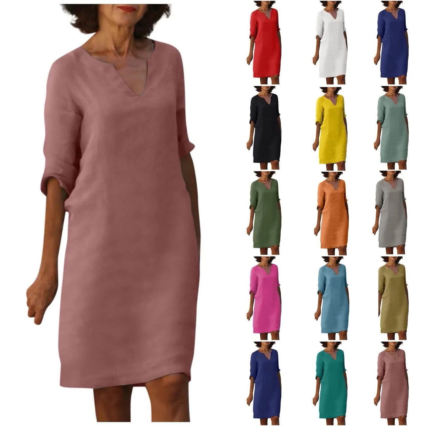 Hannah – Damen Baumwoll-Leinen V-Ausschnitt Kleid mit Halben Ärmeln