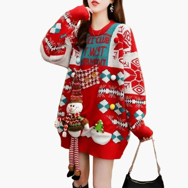 Damen Ugly Christmas Pullover Kleid – Lustiger Weihnachts-Sweater mit 3D Schneemann