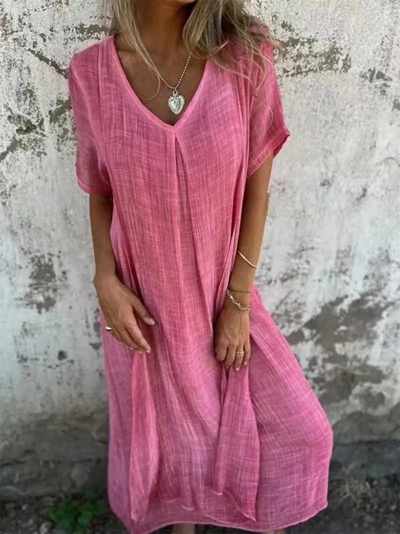 Faith – Langes Damenkleid mit kurzen Ärmeln und V-Ausschnitt