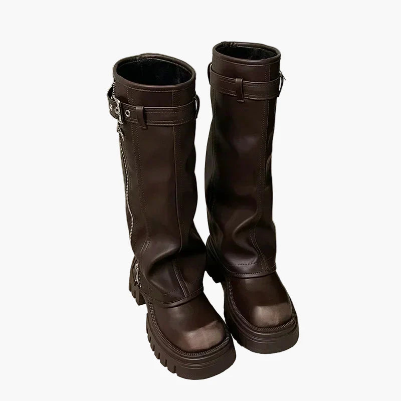 Damen Plateau-Stiefel mit Reißverschluss und Schnalle – Trendige Chunky Boots für Herbst und Winter
