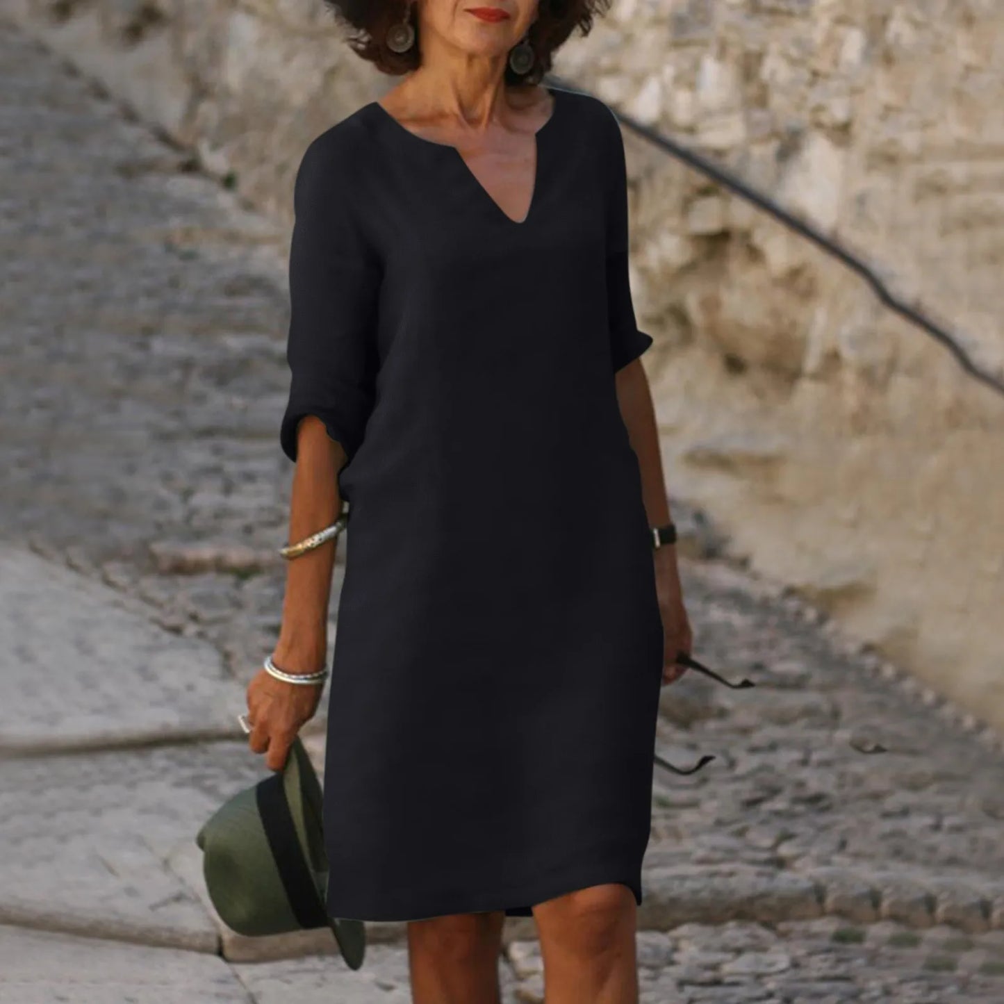 Hannah – Damen Baumwoll-Leinen V-Ausschnitt Kleid mit Halben Ärmeln