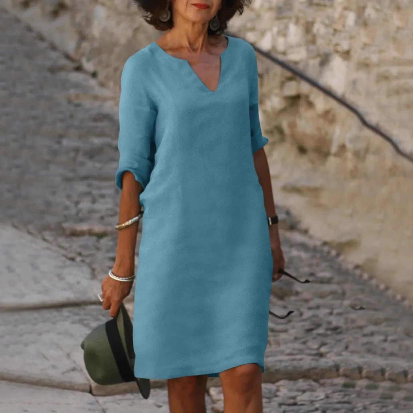 Hannah – Damen Baumwoll-Leinen V-Ausschnitt Kleid mit Halben Ärmeln