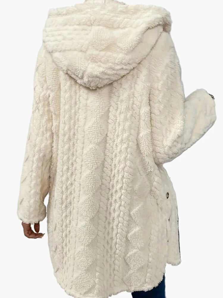 Damen Kuscheljacke mit Kapuze und Knopfdetails – Modischer Wintermantel für Alltag und Freizeit
