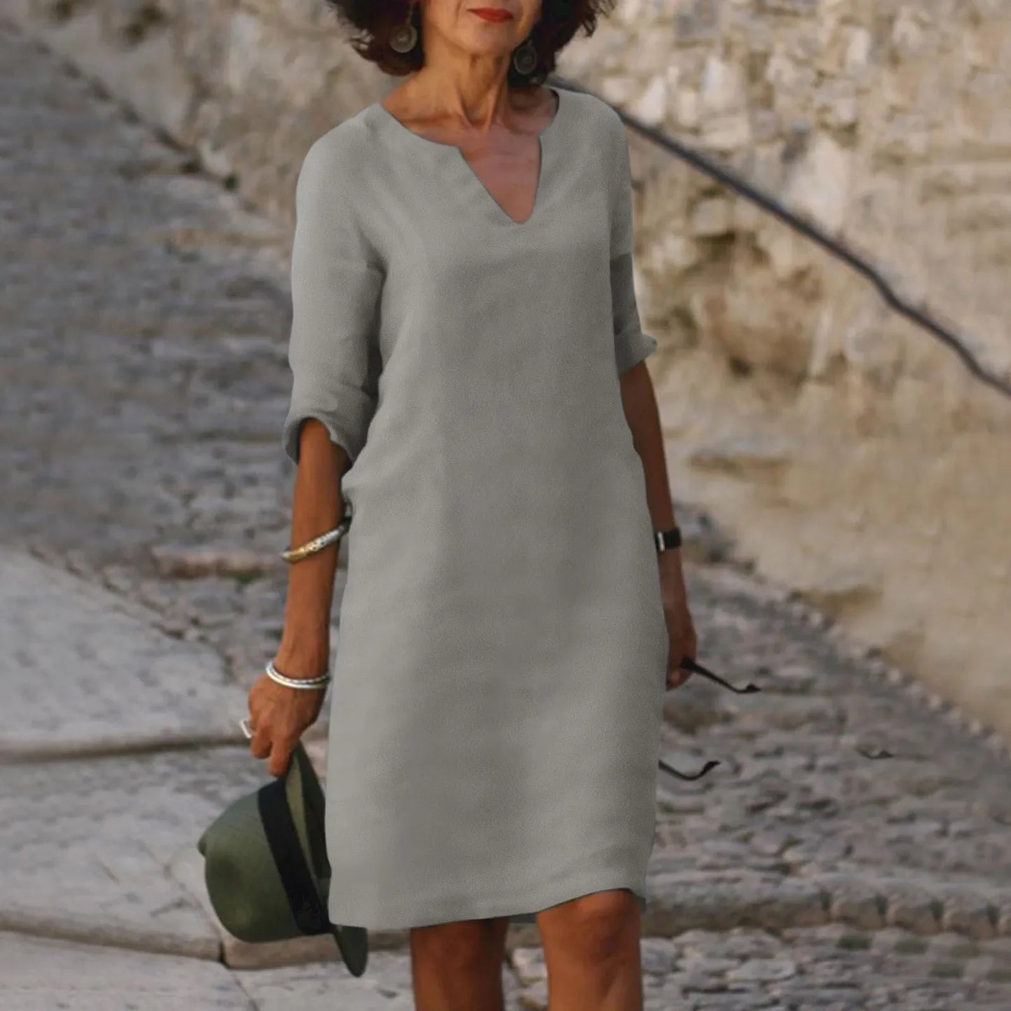 Hannah – Damen Baumwoll-Leinen V-Ausschnitt Kleid mit Halben Ärmeln