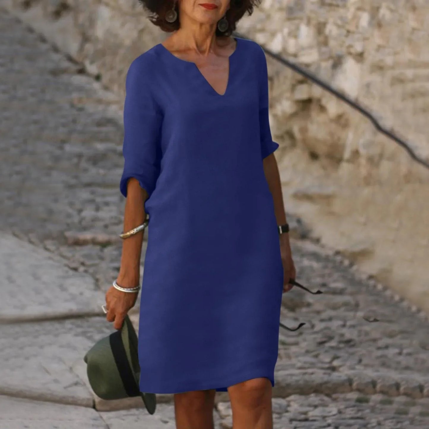 Hannah – Damen Baumwoll-Leinen V-Ausschnitt Kleid mit Halben Ärmeln