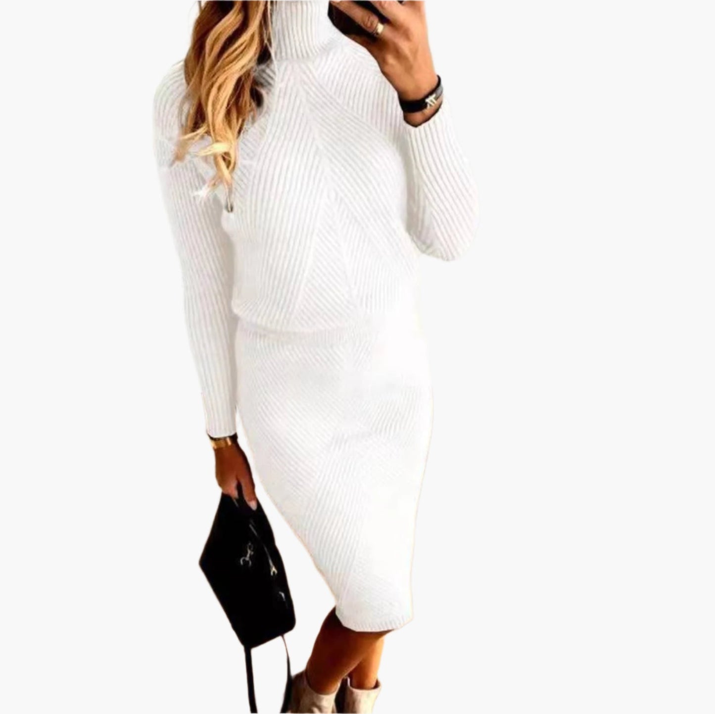 Damen Strickkleid Zweiteiler Elegant – Rollkragen und Midirock, Modisches Set für Herbst und Winter