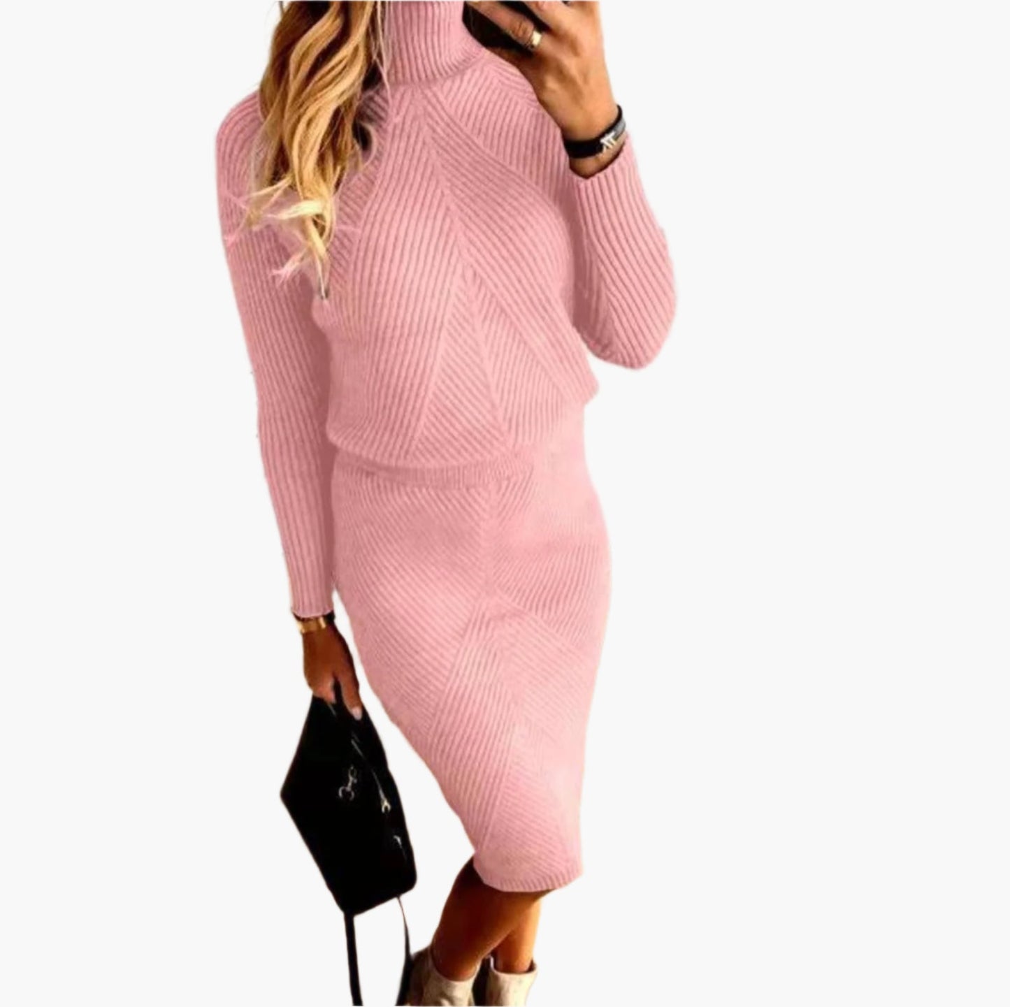 Damen Strickkleid Zweiteiler Elegant – Rollkragen und Midirock, Modisches Set für Herbst und Winter