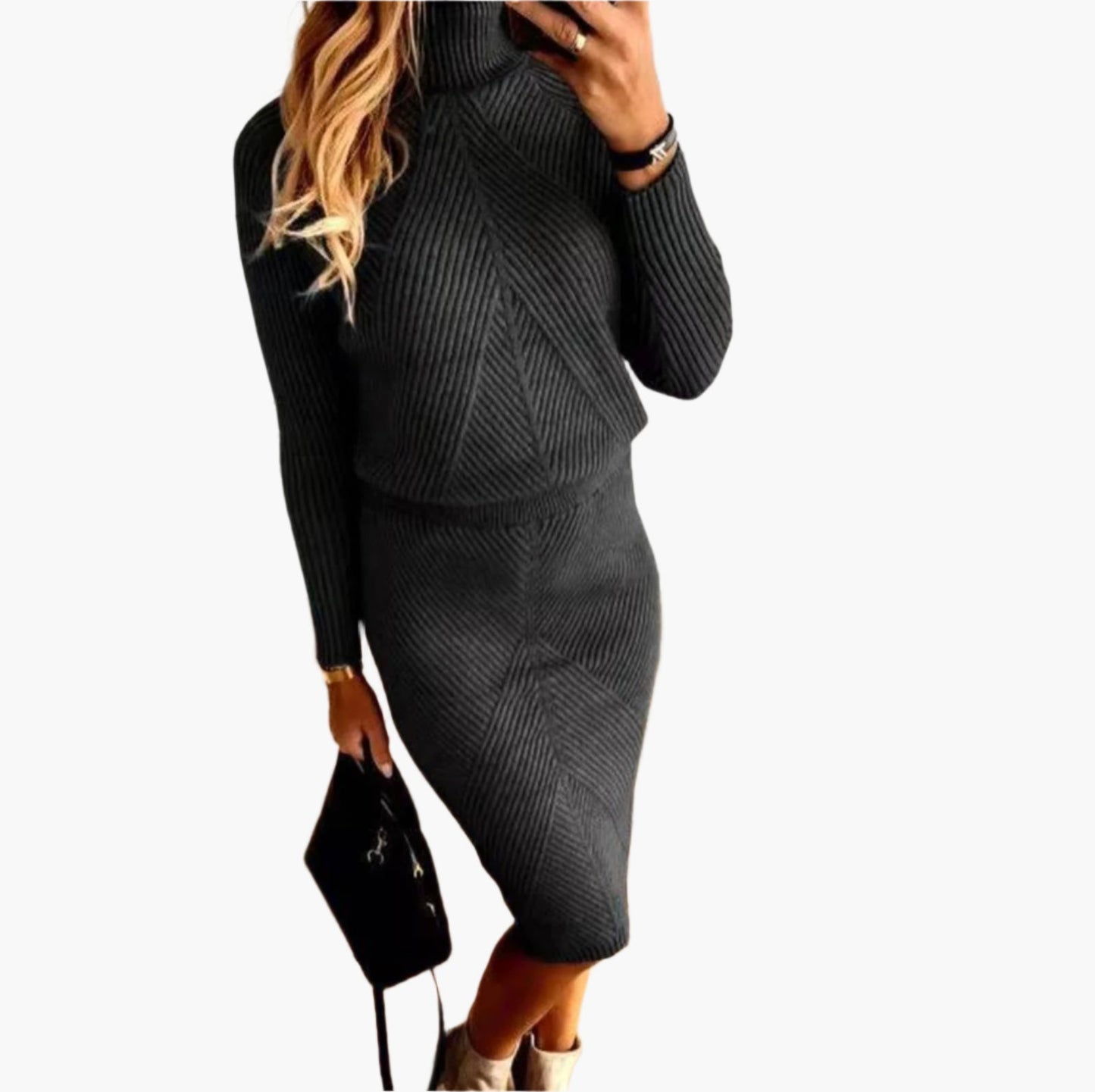 Damen Strickkleid Zweiteiler Elegant – Rollkragen und Midirock, Modisches Set für Herbst und Winter