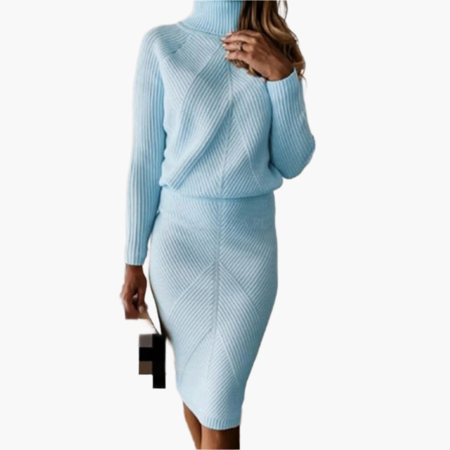 Damen Strickkleid Zweiteiler Elegant – Rollkragen und Midirock, Modisches Set für Herbst und Winter