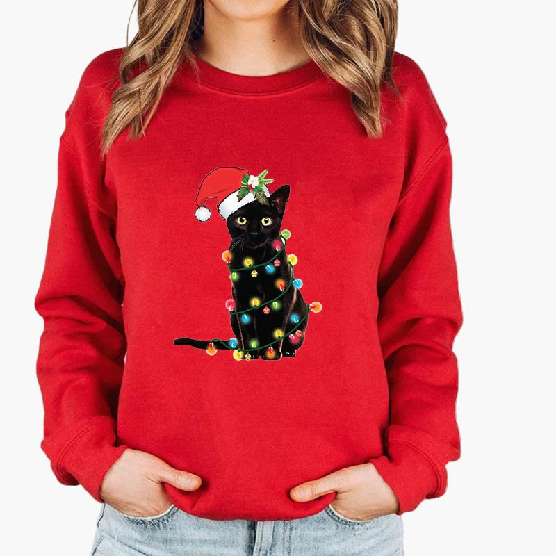 Damen Weihnachts-Sweatshirt mit Katze und Lichterkette – Lustiger Winter Pullover für Alltag & Feiertage