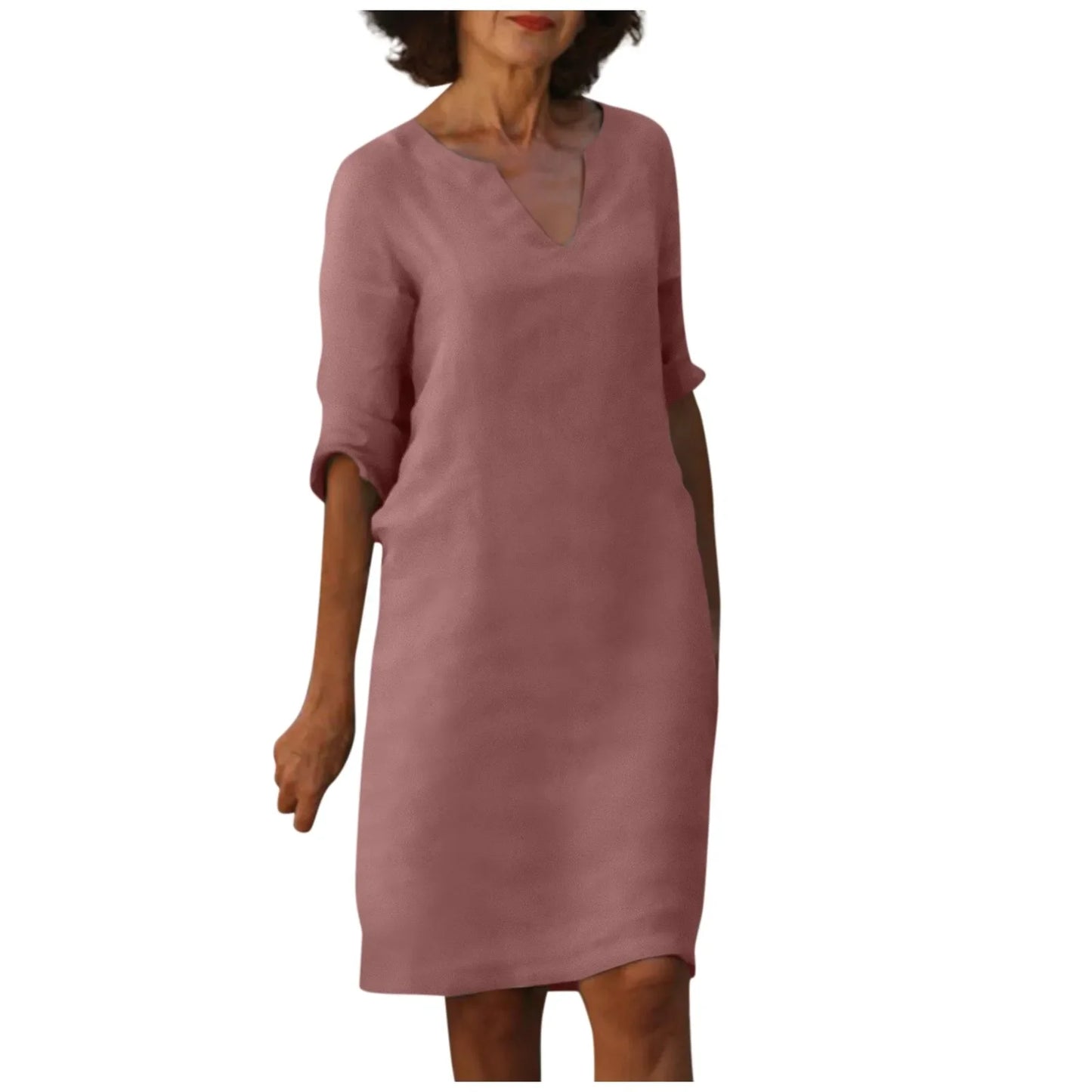 Hannah – Damen Baumwoll-Leinen V-Ausschnitt Kleid mit Halben Ärmeln