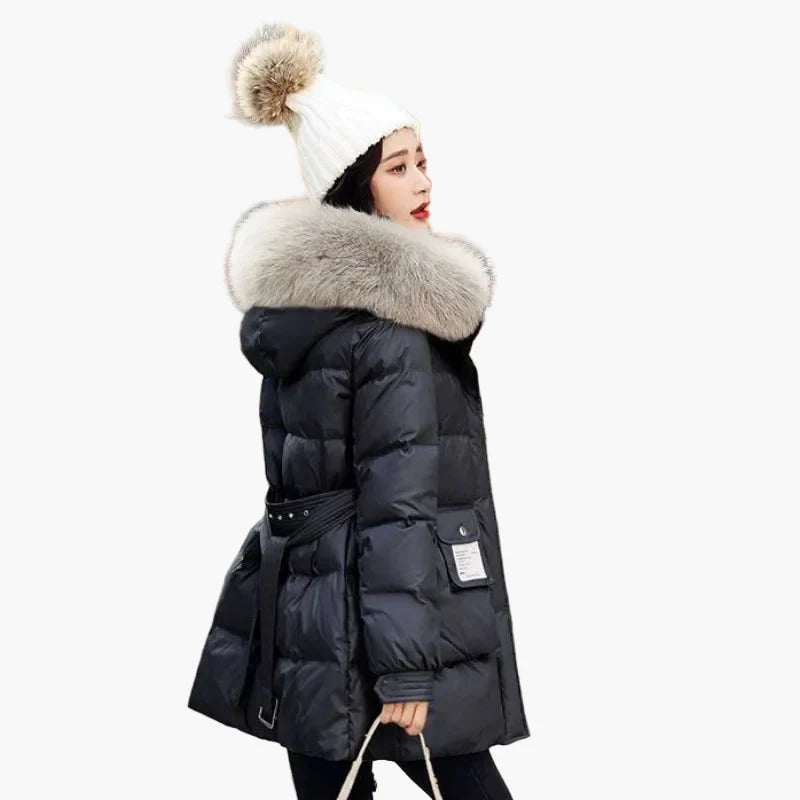 Damen Winter Daunenjacke mit Kapuze und Fellkragen – Eleganter, warmer Parka für Alltag und Freizeit
