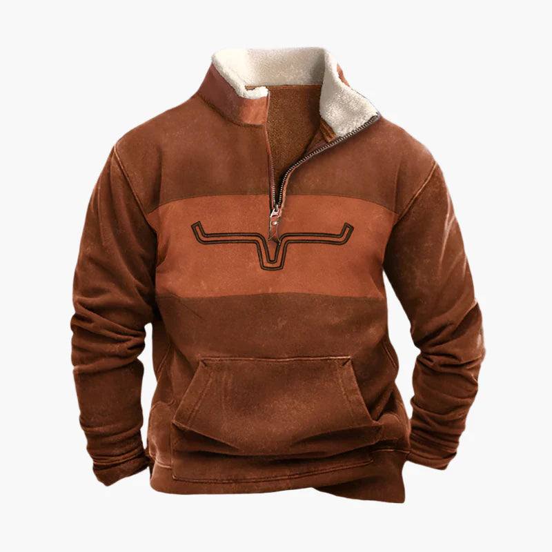 Herren Vintage Fleece Pullover mit Ethno-Ärmeln und halbem Reißverschluss – Outdoor & Freizeit