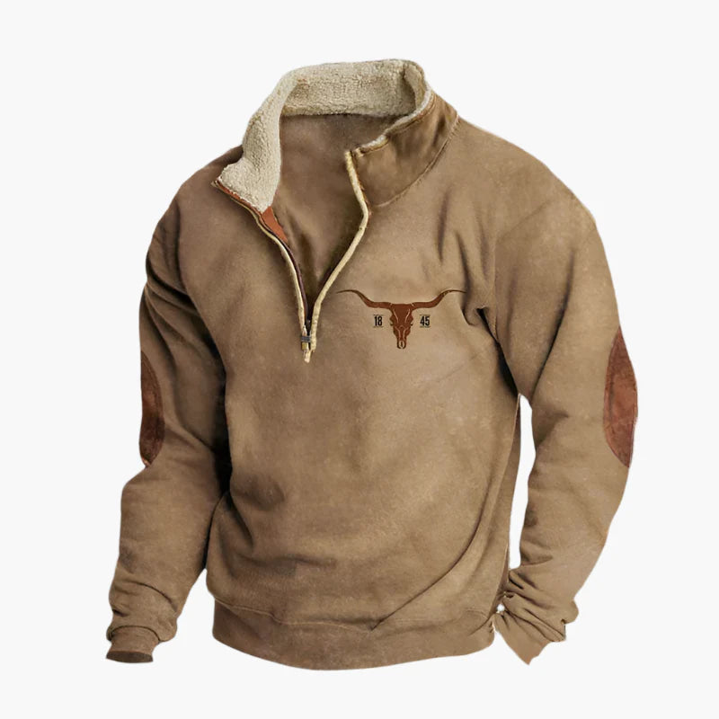 Herren Vintage Fleece Pullover mit Ethno-Ärmeln und halbem Reißverschluss – Outdoor & Freizeit