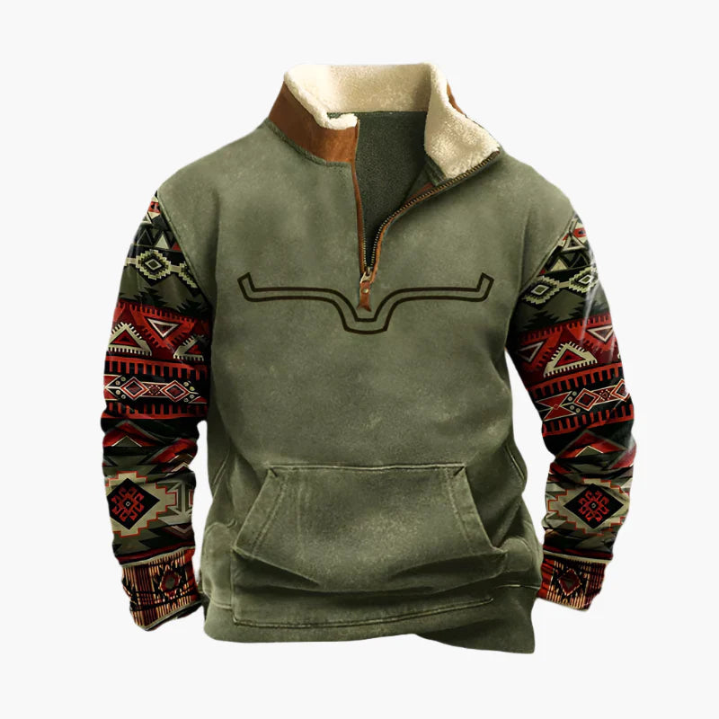 Herren Vintage Fleece Pullover mit Ethno-Ärmeln und halbem Reißverschluss – Outdoor & Freizeit