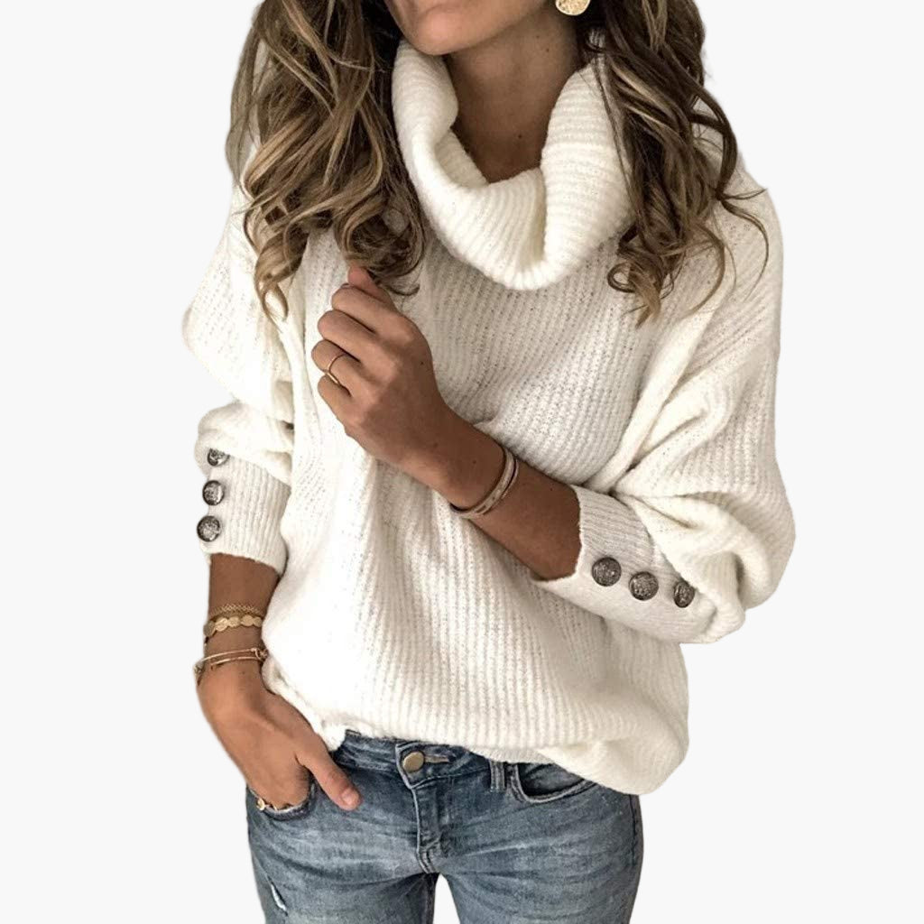 Damen Pullover mit Rollkragen und Knopfdetails – Modischer Strickpullover für Alltag und Freizeit
